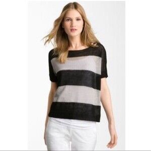 Theory Aislies Spiral Sheer Stripe Linen Sweater in Grey and Black S